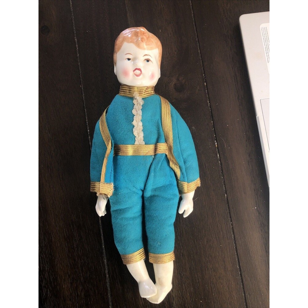 Vintage SHACKMAN Boy Doll Porcelain Shoulder head w/ Blue Outfit Gold trim 11 in